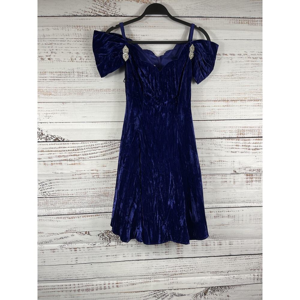 Vintage Roberta Dress Juniors SZ 3/4 Blue Velvet Sweetheart Fit Flare Rhinestone
